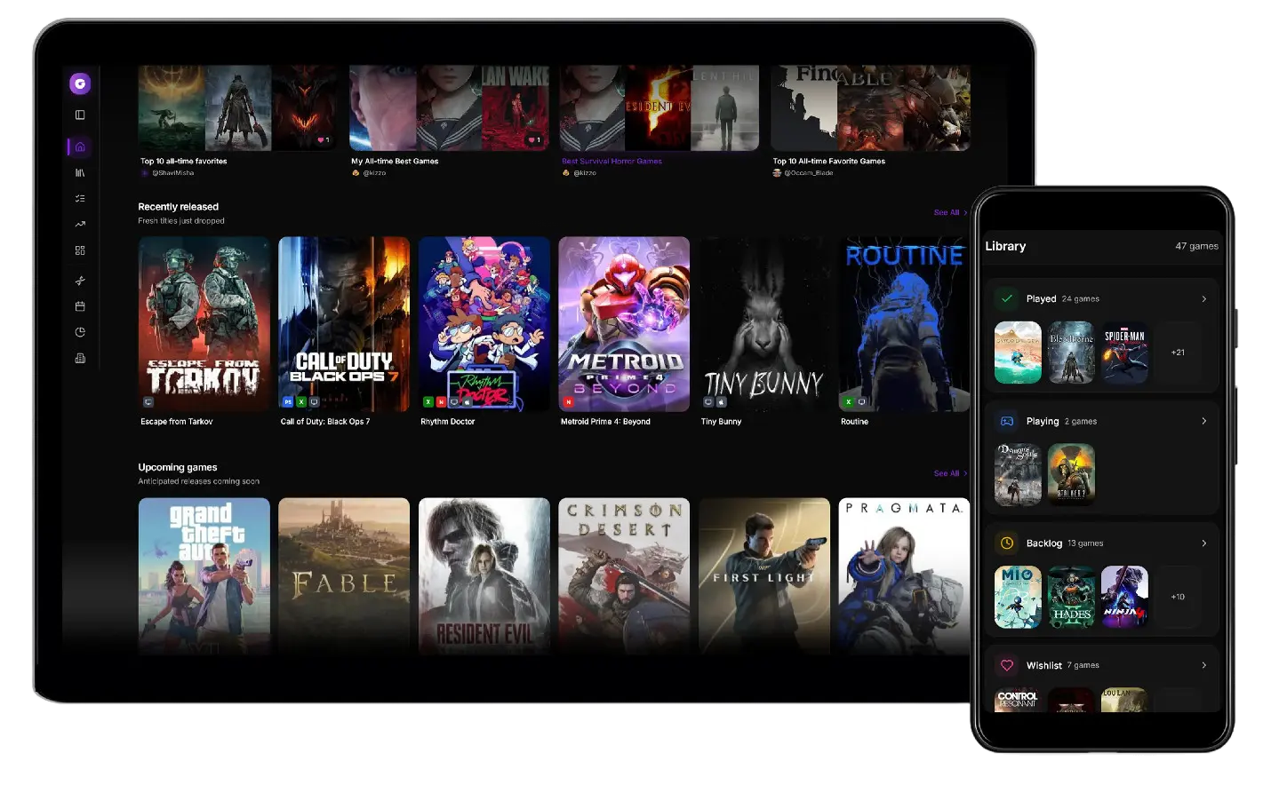 Gamerlog video game tracker app showing library, stats and reviews on multiple devices